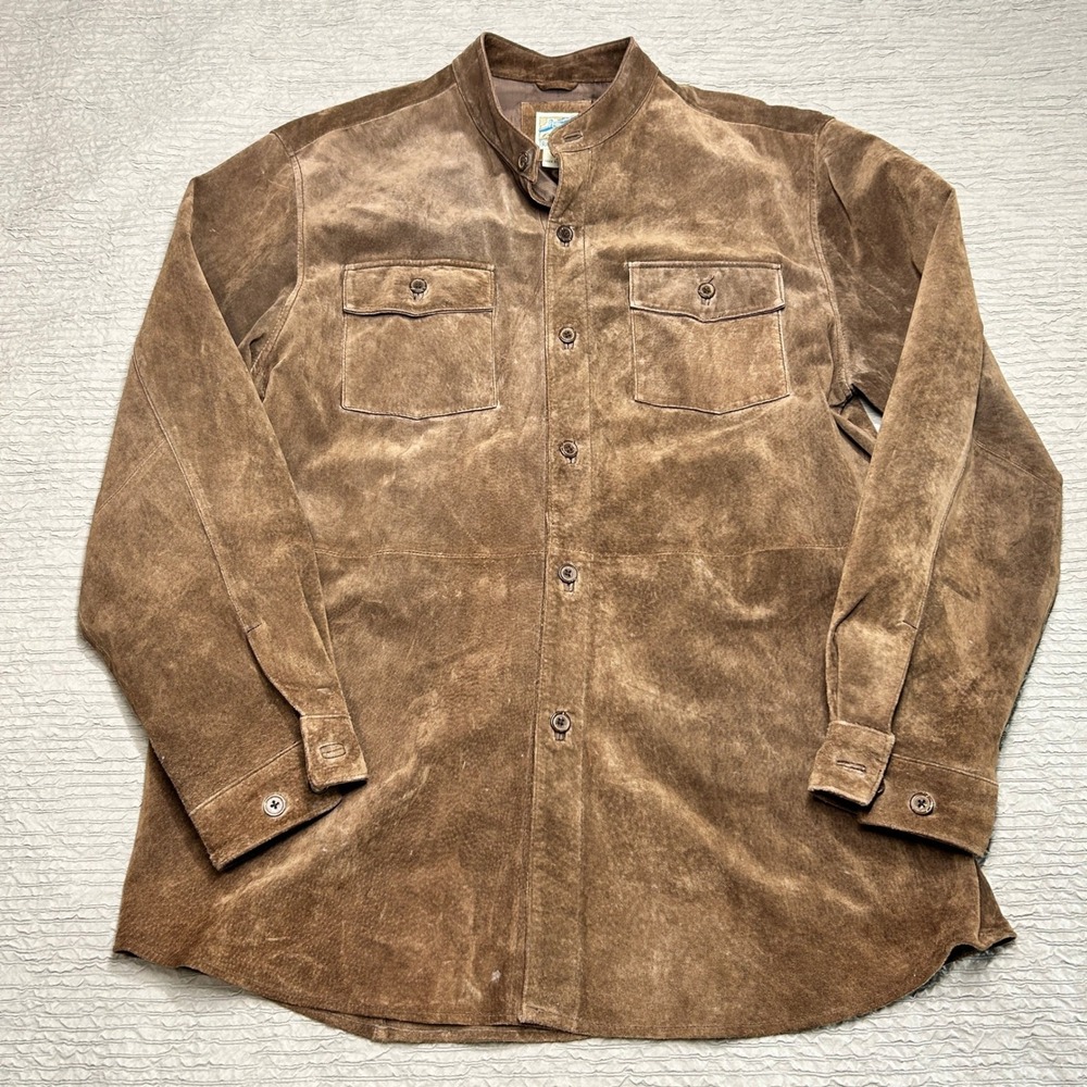 TravelSmith Mens Brown 100% Leather Suede Band Collar Shirt Jacket Size L 7657